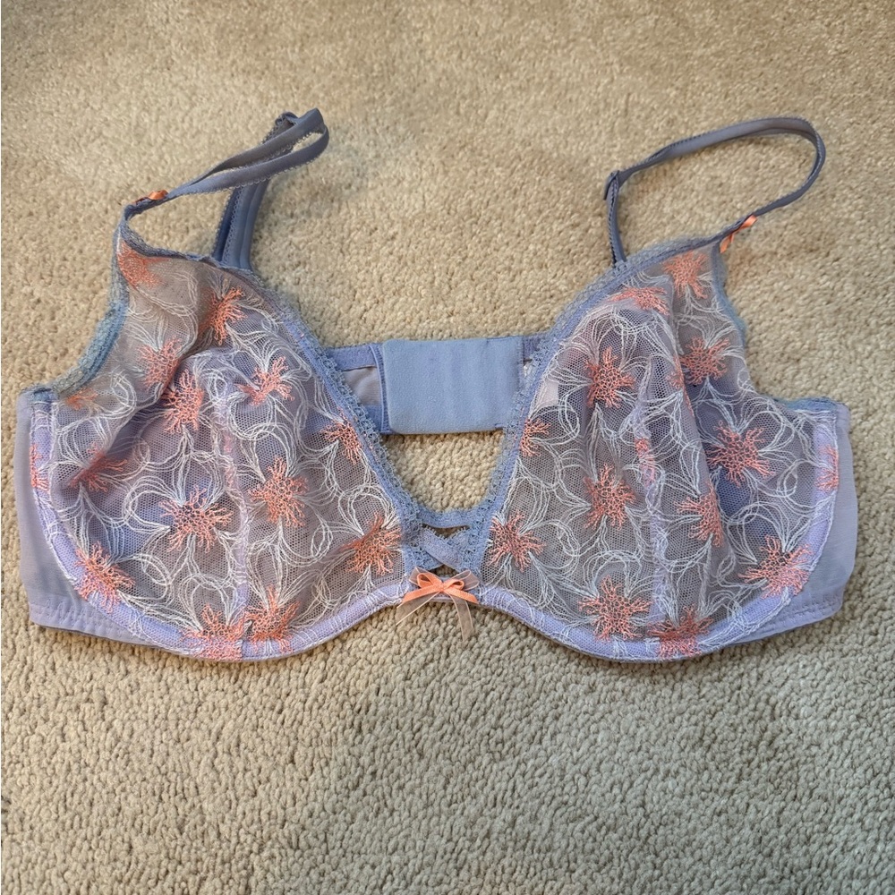 Sheer Lavender and Coral Floral Lace Bra - Women's Intimates